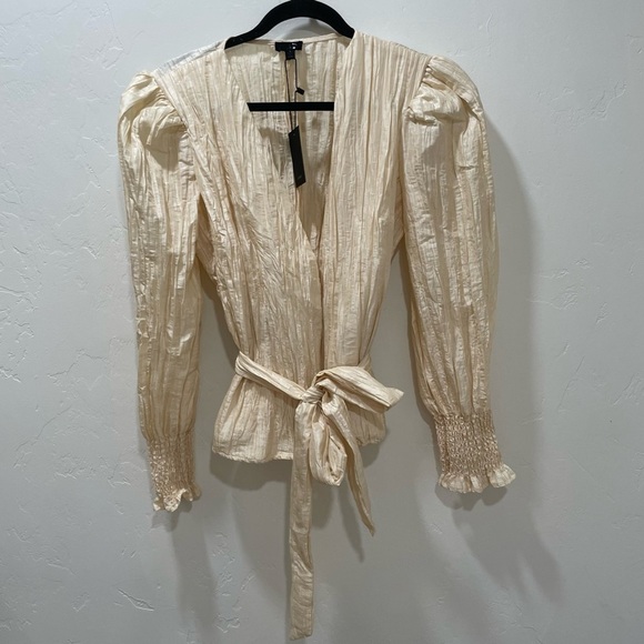 NWT NBD Chiara Top Womens Small Champagne Long Puffed Sleeve Tafetta Wrap Tie - Picture 5 of 16